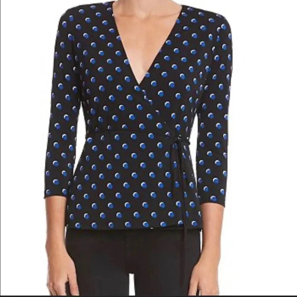 Bailey 44 Womens 3/4 Sleeve Layered Dot Wrap Shirt Black Blue XS